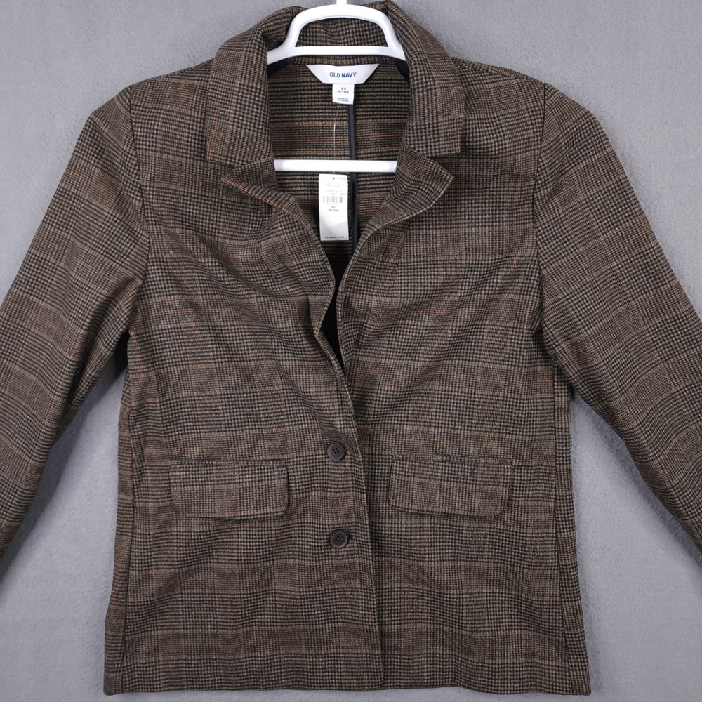 Old Navy Womens XS Petite Relaxed Unlined Blazer Brown Plaid Jacket New - Picture 1 of 16
